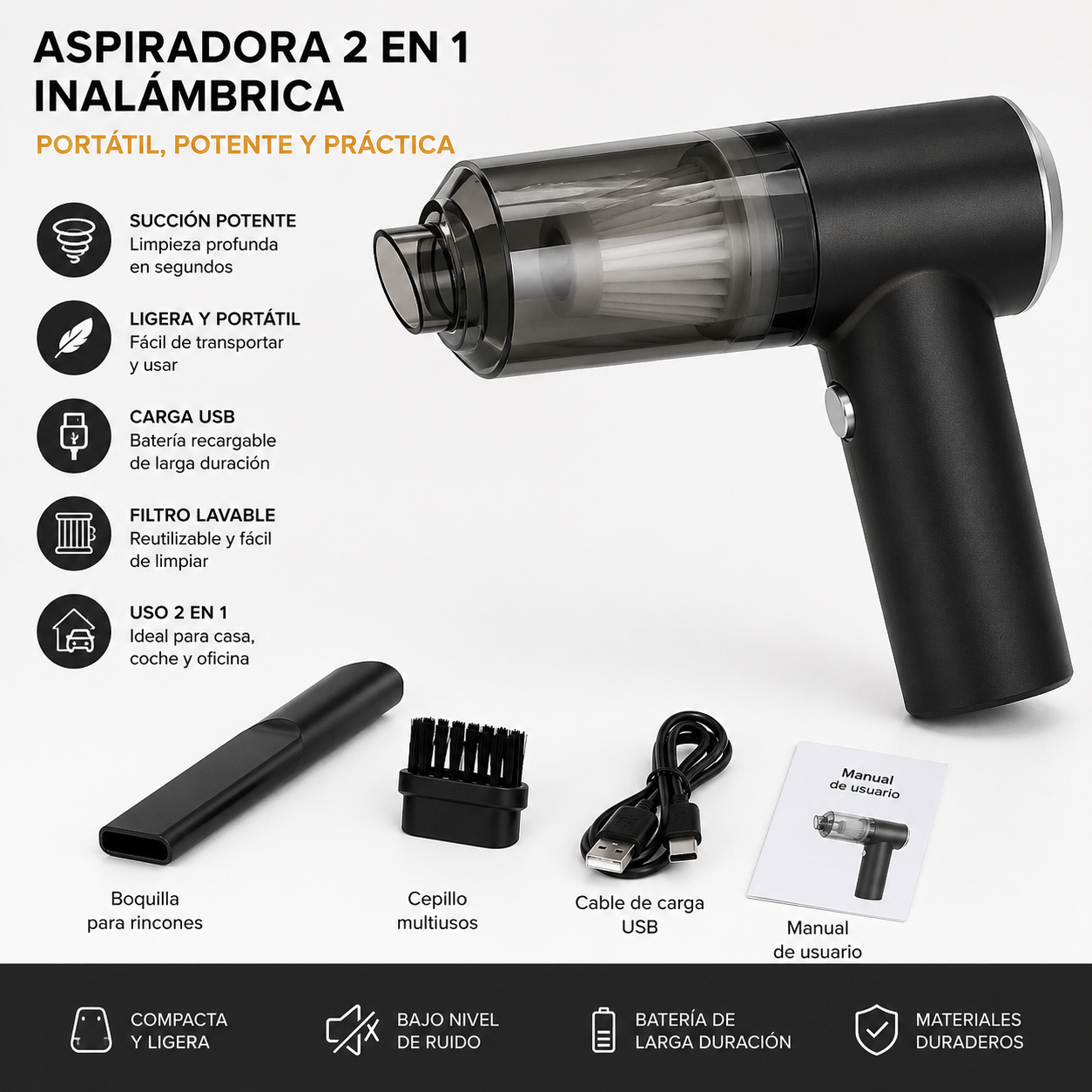 Aspiradora de Mano Inalámbrica 2 en 1 | Potente Succión para Coche y Hogar